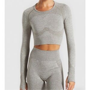 Gymshark | Flex Long Sleeve Crop Top Khaki Marl Taupe Size Small